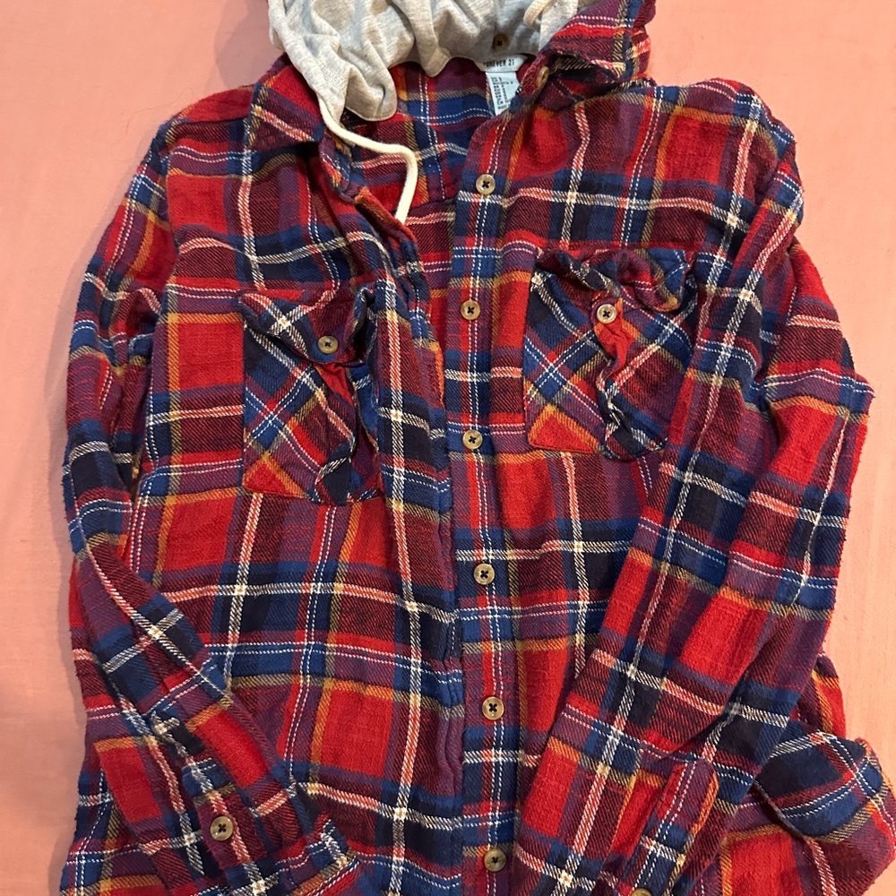 Red and Blue Plaid Hoodie Shirt